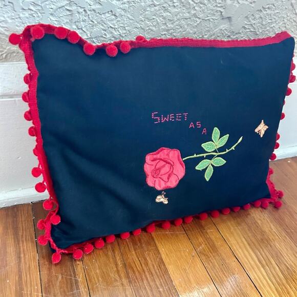 Vintage Handmade "Sweet as a Rose" Black Pillow with Red Pom Pom Trim Border - Picture 11 of 12